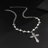 Men's Retro Cross Pendant Necklace Alloy Geometric Handmade Pearl Stitching