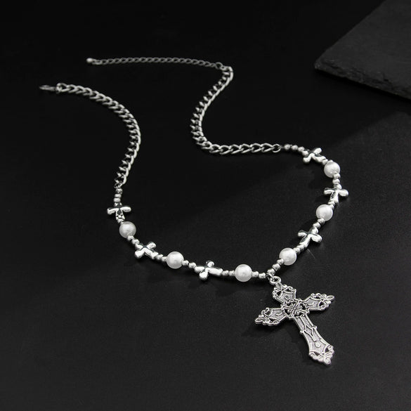 Men's Retro Cross Pendant Necklace Alloy Geometric Handmade Pearl Stitching