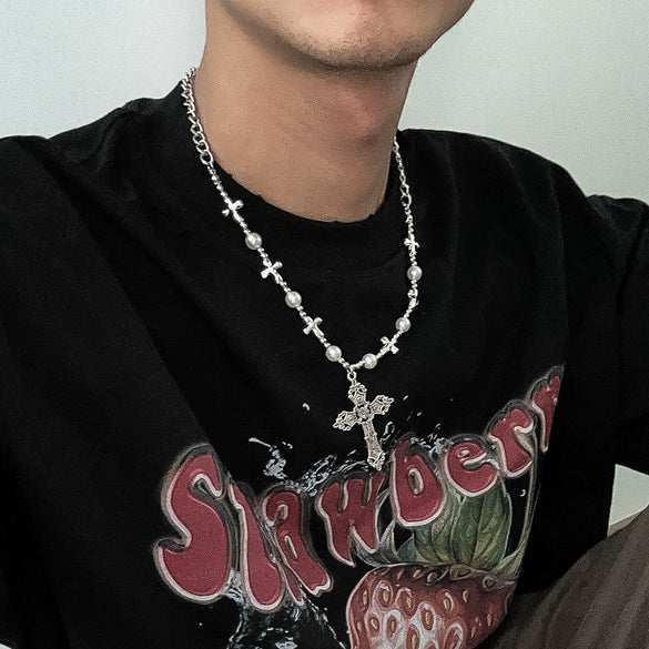 Men's Retro Cross Pendant Necklace Alloy Geometric Handmade Pearl Stitching
