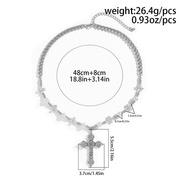 Men's Retro Cross Pendant Necklace Alloy Geometric Handmade Pearl Stitching