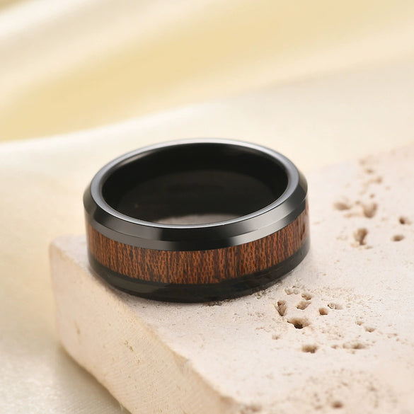 Men's Retro Geometric Black Wood Grain Tungsten Steel Ring With Electroplated Finish For Unisex Wear