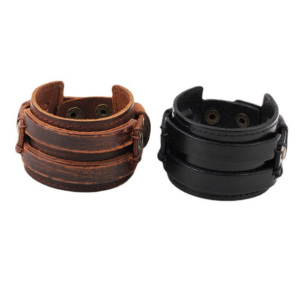 Men's Retro Leather Wide Bracelet With Geometric Pattern And Rub Ancient Polishing