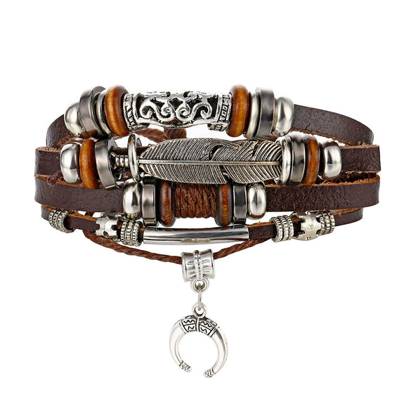 Men's Retro Natural Geometric Braided Artificial Leather Feather Hook Beaded Bracelet