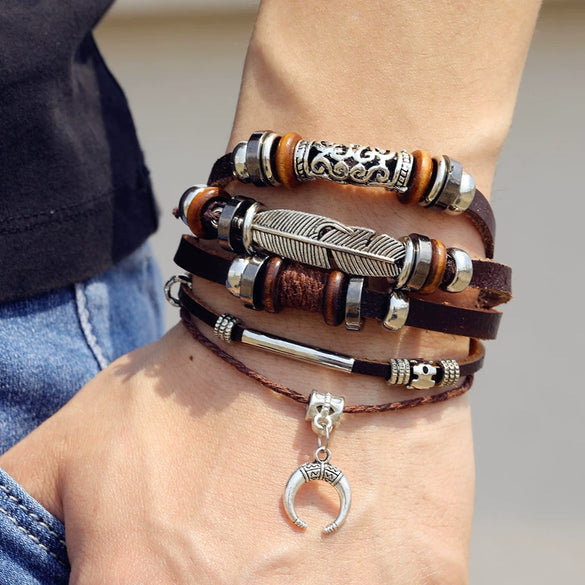 Men's Retro Natural Geometric Braided Artificial Leather Feather Hook Beaded Bracelet