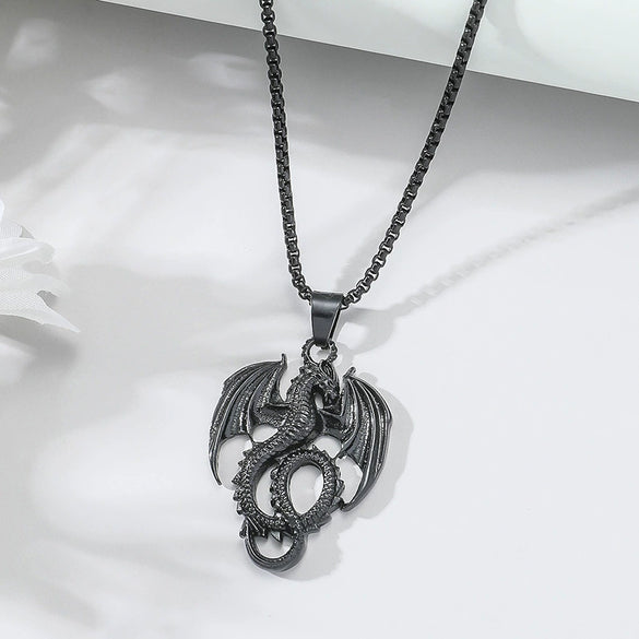 Men's Retro Punk Necklace With Flying Dragon Pendant Alloy Titanium Steel Square Pearl Chain Electroplating