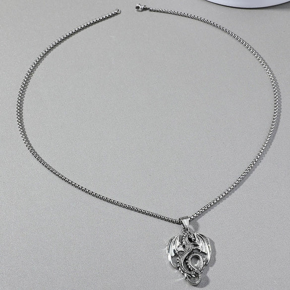 Men's Retro Punk Necklace With Flying Dragon Pendant Alloy Titanium Steel Square Pearl Chain Electroplating