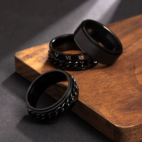 Men's Rotatable Titanium Steel Ring Set Three Piece Jewelry With Geometric Design And Electroplating