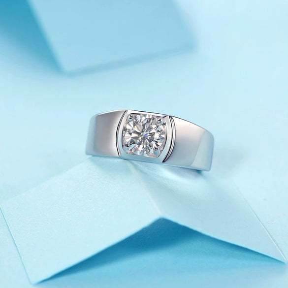 Men's Silver Moissanite Inlaid Geometric Ring