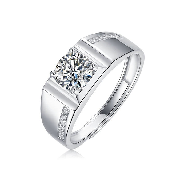 Men's Silver Moissanite Inlaid Geometric Ring