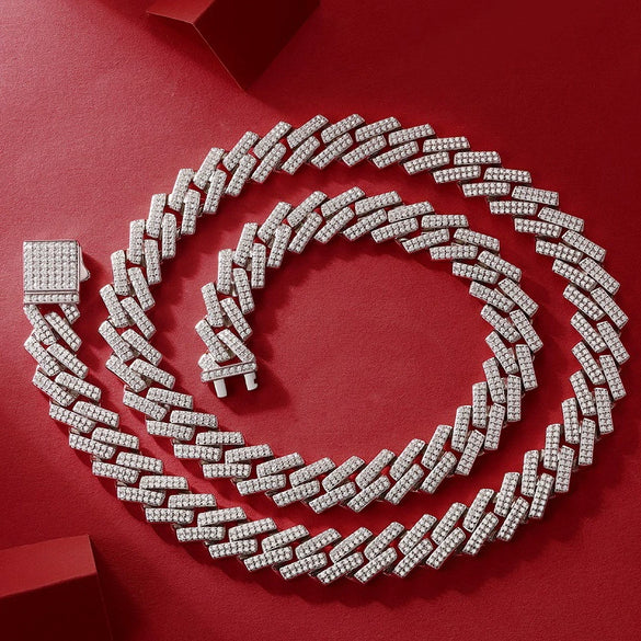 Men's Silver Moissanite Inlay Geometric Cuban Chain Necklace