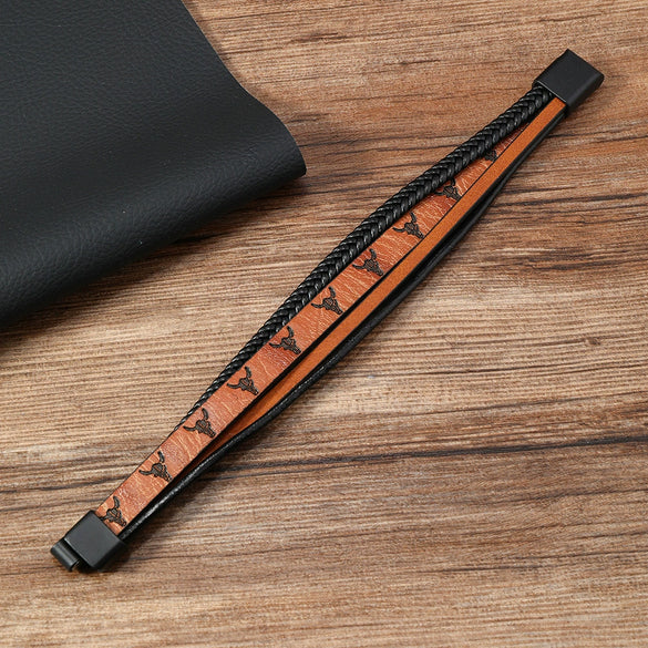 Men's Simple Handwoven Leather Bracelet With Animal And Zodiac Print