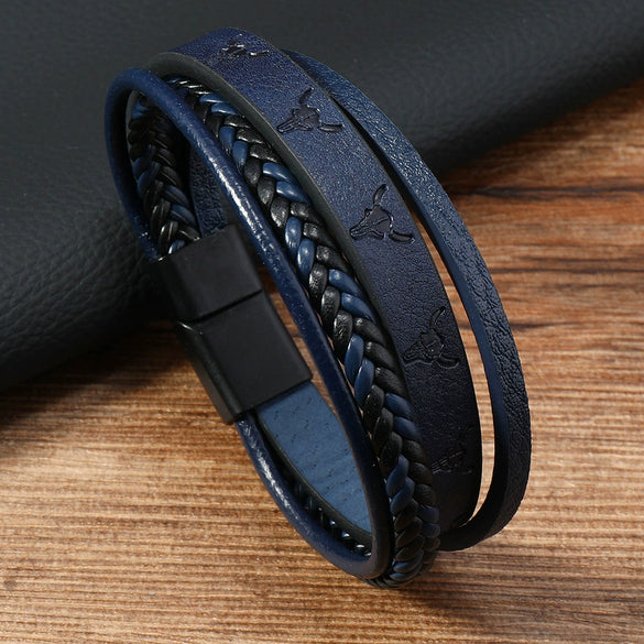 Men's Simple Handwoven Leather Bracelet With Animal And Zodiac Print
