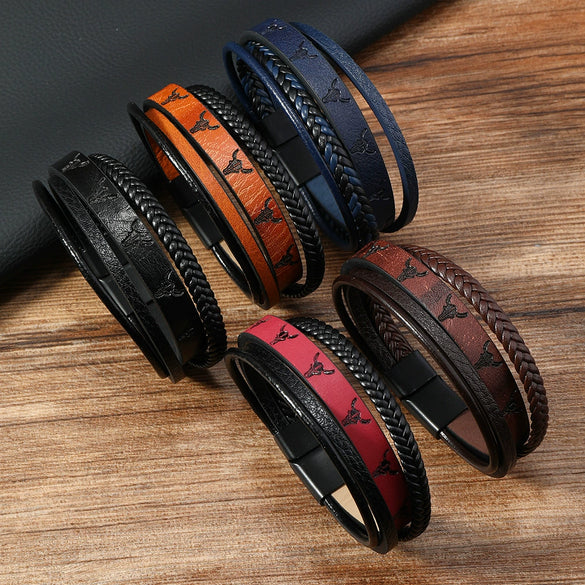Men's Simple Handwoven Leather Bracelet With Animal And Zodiac Print