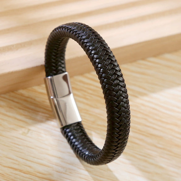 Men's Simple Versatile Leather Handmade Geometric Bracelet With Stainless Steel Magnetic Buckle