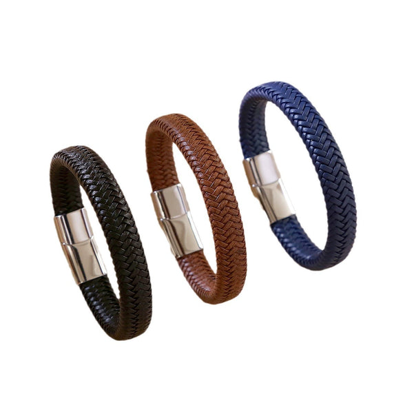 Men's Simple Versatile Leather Handmade Geometric Bracelet With Stainless Steel Magnetic Buckle