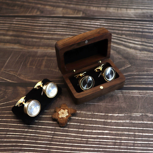 Men's Solid Black Walnut Wood Small Cufflink Box With French Orchid Cufflinks Sculptured Magnetic Flap Jewelry Packaging Storage Gift Box