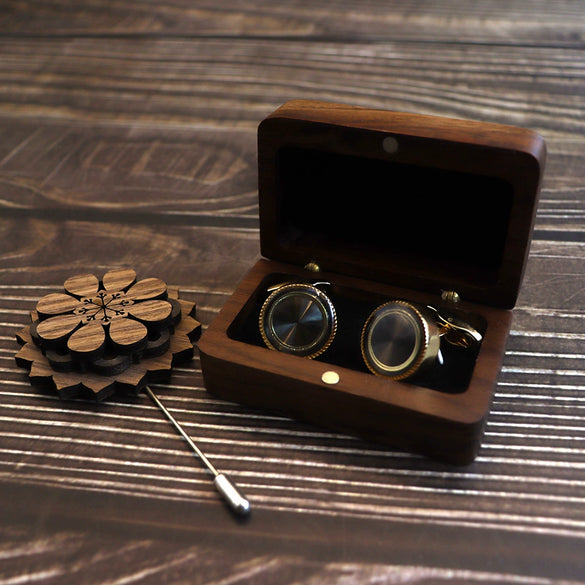 Men's Solid Black Walnut Wood Small Cufflink Box With French Orchid Cufflinks Sculptured Magnetic Flap Jewelry Packaging Storage Gift Box