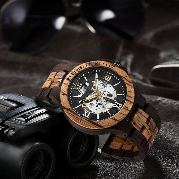 Men's Solid Wood Automatic Mechanical Leisure Round Watch With Hollowout Bottom