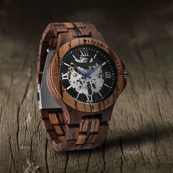 Men's Solid Wood Automatic Mechanical Leisure Round Watch With Hollowout Bottom