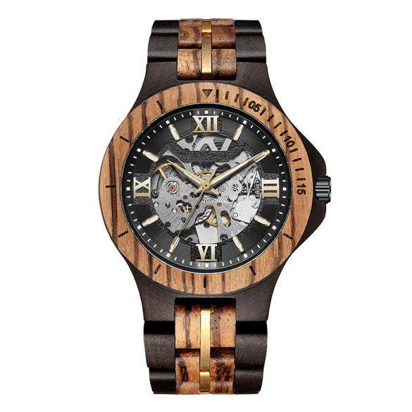 Men's Solid Wood Automatic Mechanical Leisure Round Watch With Hollowout Bottom