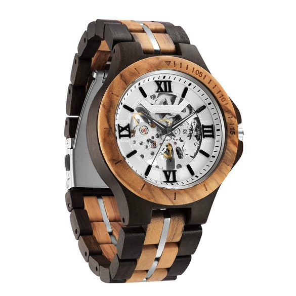 Men's Solid Wood Automatic Mechanical Leisure Round Watch With Hollowout Bottom