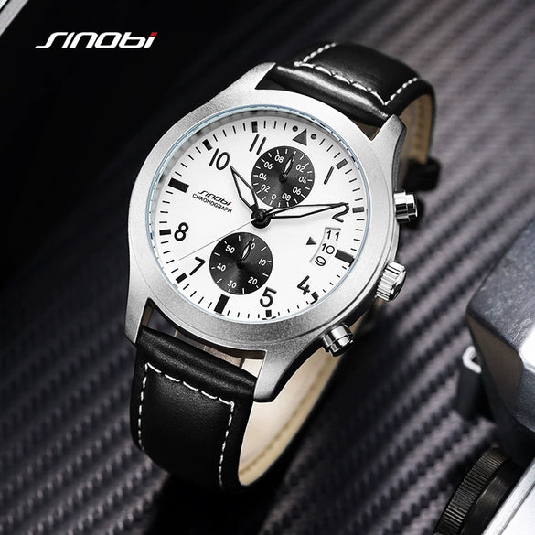 Men's Sport Genuine Leather Alloy Case Mineral Reinforced Glass Mirror Round Dial Waterproof Multifunctional Quartz Watch