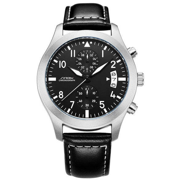 Men's Sport Genuine Leather Alloy Case Mineral Reinforced Glass Mirror Round Dial Waterproof Multifunctional Quartz Watch