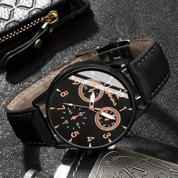 Men's Sport Quartz Watch And Belt Bracelet Set Alloy Case Imitation Leather Strap Ordinary Glass Mirror