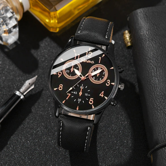 Men's Sport Quartz Watch And Belt Bracelet Set Alloy Case Imitation Leather Strap Ordinary Glass Mirror
