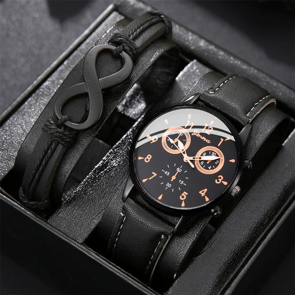Men's Sport Quartz Watch And Belt Bracelet Set Alloy Case Imitation Leather Strap Ordinary Glass Mirror