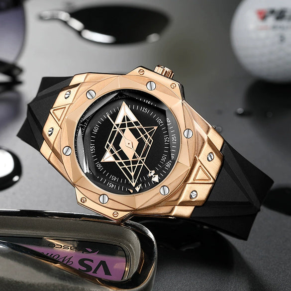 Men's Sports Alloy And Silicone Luminous Hollow Quartz Watch With Rhombus Dial