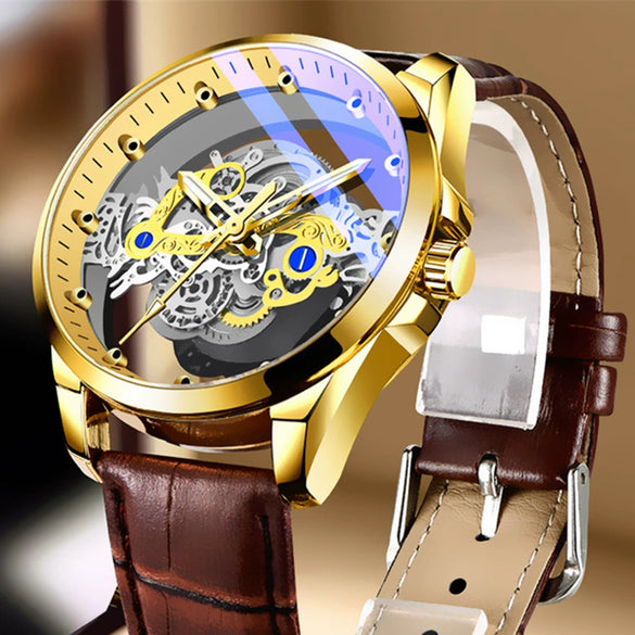 Men's Sports Alloy Case Genuine Leather Strap Round Dial Waterproof Luminous Hollowout Watch