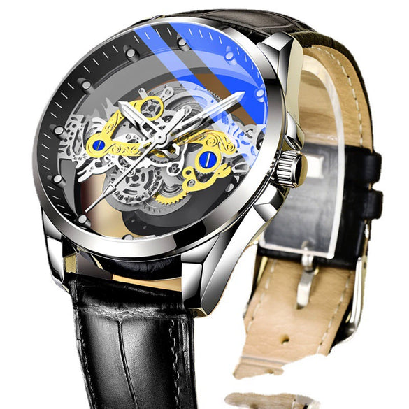 Men's Sports Alloy Case Genuine Leather Strap Round Dial Waterproof Luminous Hollowout Watch