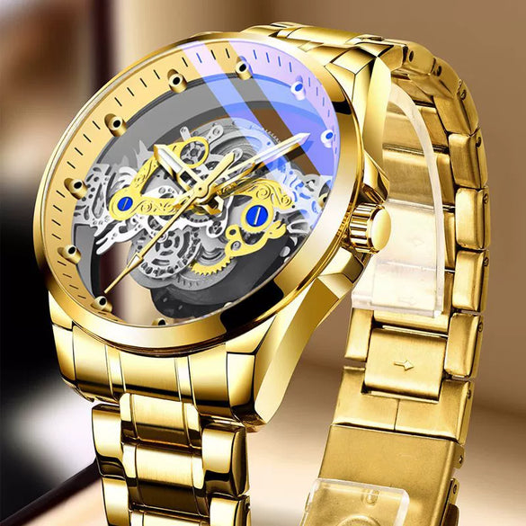 Men's Sports Alloy Case Genuine Leather Strap Round Dial Waterproof Luminous Hollowout Watch
