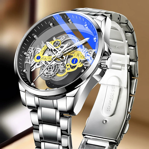 Men's Sports Alloy Case Genuine Leather Strap Round Dial Waterproof Luminous Hollowout Watch