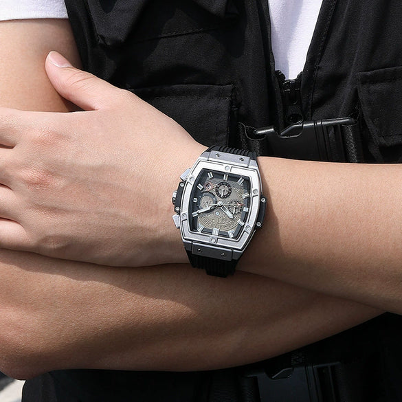 Men's Sports Alloy Case Silicone Strap Barrel Shape Multifunction Timing Calendar Watch