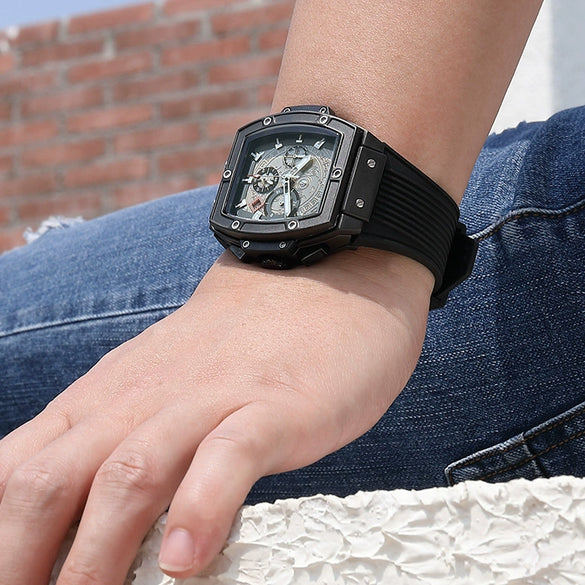 Men's Sports Alloy Case Silicone Strap Barrel Shape Multifunction Timing Calendar Watch