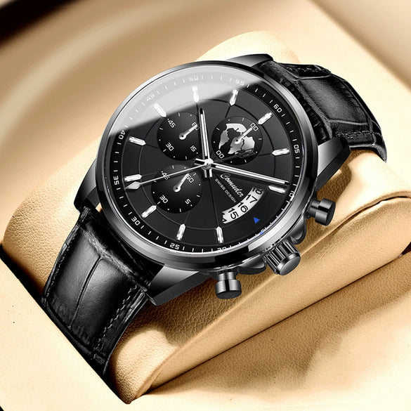 Men's Sports Automatic Waterproof Luminous Calendar Watch Metal Case Genuine Leather Strap Mineral Reinforced Glass Mirror