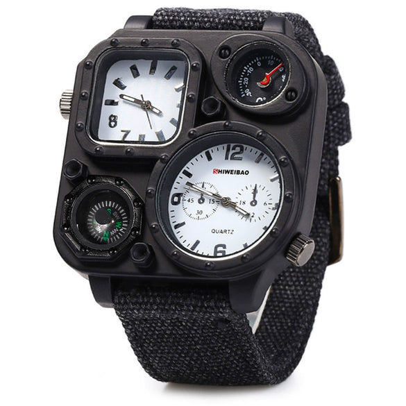 Men's Sports Denim Quartz Watch With Multitime Zone Square Dial Stainless Steel Case And Clasp Textile Strap