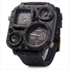 Men's Sports Denim Quartz Watch With Multitime Zone Square Dial Stainless Steel Case And Clasp Textile Strap