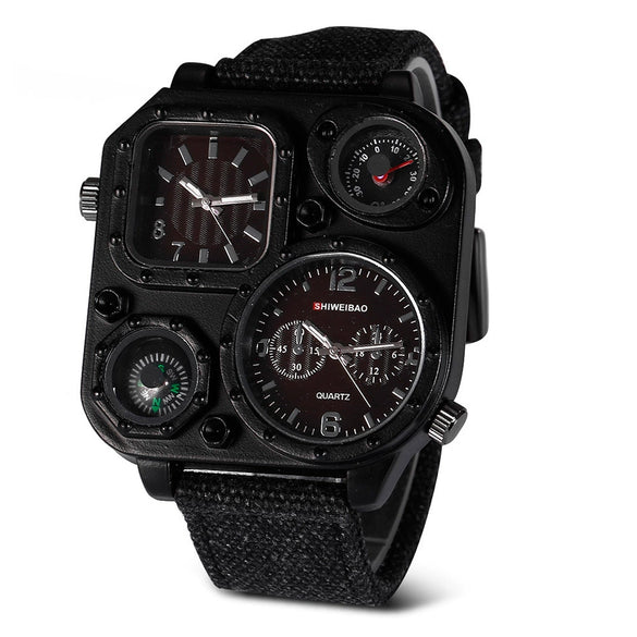 Men's Sports Denim Quartz Watch With Multitime Zone Square Dial Stainless Steel Case And Clasp Textile Strap