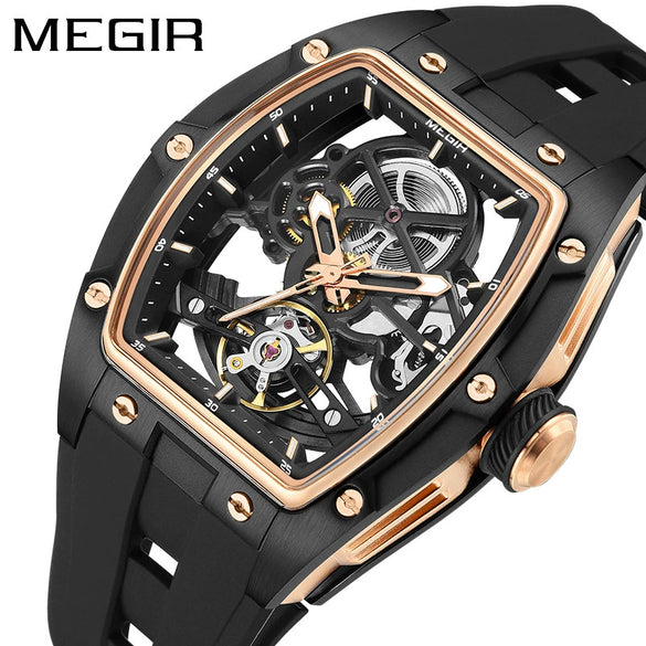 Men's Sports Mechanical Waterproof Watch Alloy Case Silicone Strap Barrel Shape