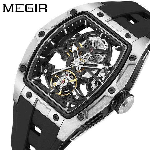 Men's Sports Mechanical Waterproof Watch Alloy Case Silicone Strap Barrel Shape