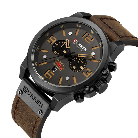 Men's Sports Watch Alloy Case Genuine Leather Strap Round Dial Titanium Metal Clasp