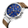 Men's Sports Watch Alloy Case Genuine Leather Strap Round Dial Titanium Metal Clasp