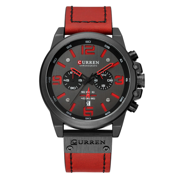 Men's Sports Watch Alloy Case Genuine Leather Strap Round Dial Titanium Metal Clasp