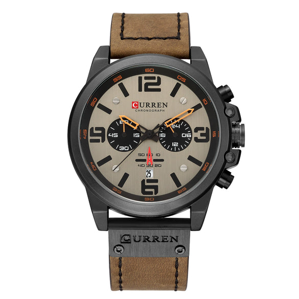 Men's Sports Watch Alloy Case Genuine Leather Strap Round Dial Titanium Metal Clasp