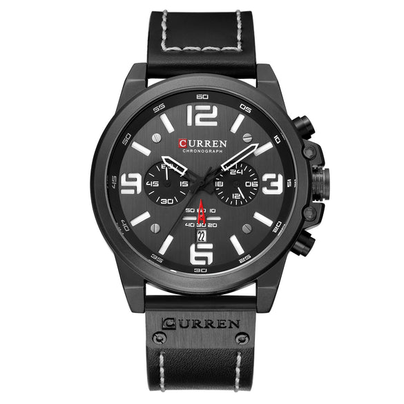 Men's Sports Watch Alloy Case Genuine Leather Strap Round Dial Titanium Metal Clasp