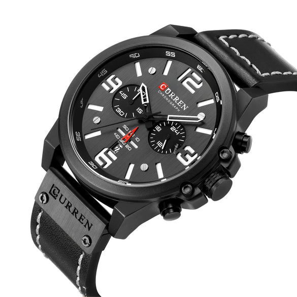 Men's Sports Watch Alloy Case Genuine Leather Strap Round Dial Titanium Metal Clasp