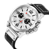 Men's Sports Watch Alloy Case Genuine Leather Strap Round Dial Titanium Metal Clasp